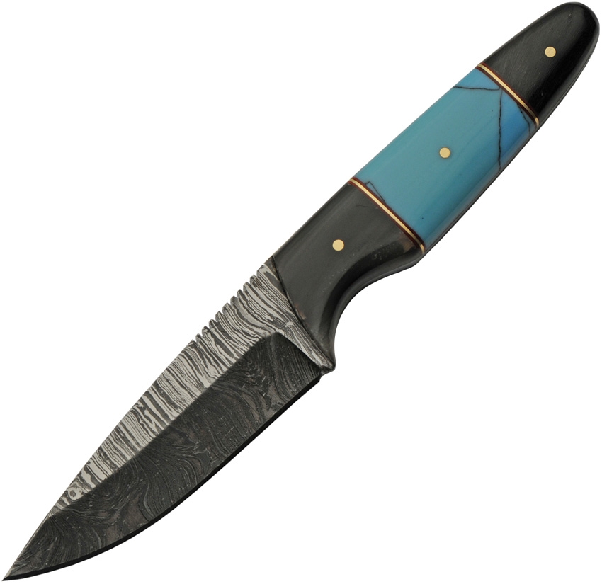 Damascus Knife, Fixed Blade, Buffalo/Turquoise