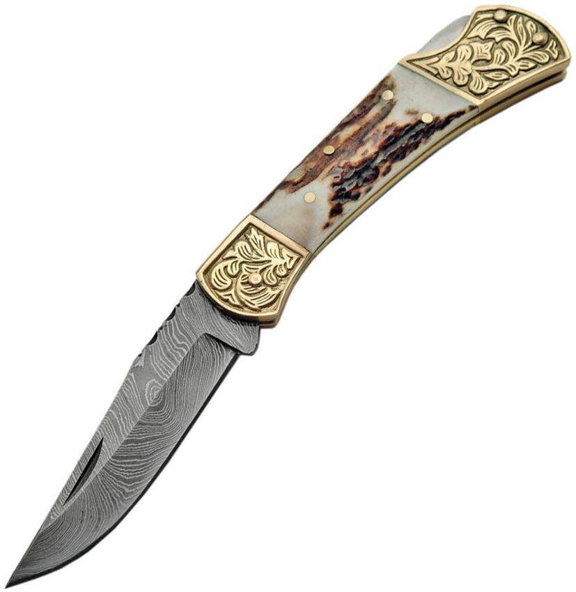 Damascus Knife, Stag Engraved Bolster