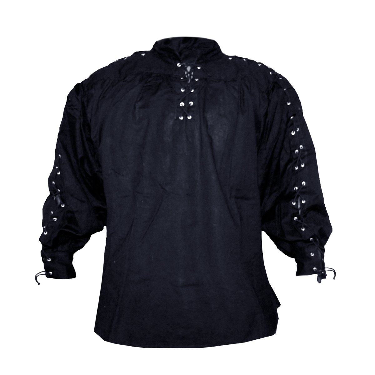 Collarless cotton shirt (laced neck & sleeves) - black, size S