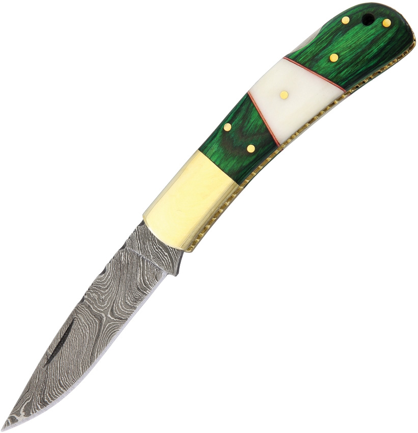 Damascus Knife, Lockback Green