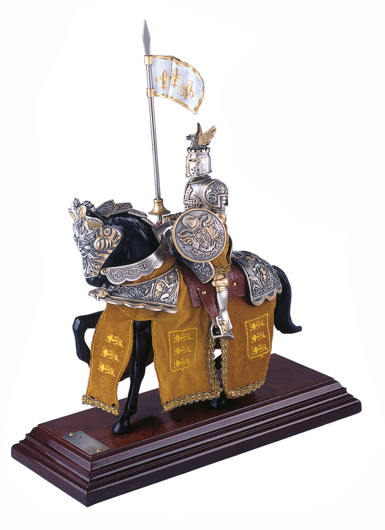 Miniature knight on horse, dragon helmet, yellow / silver