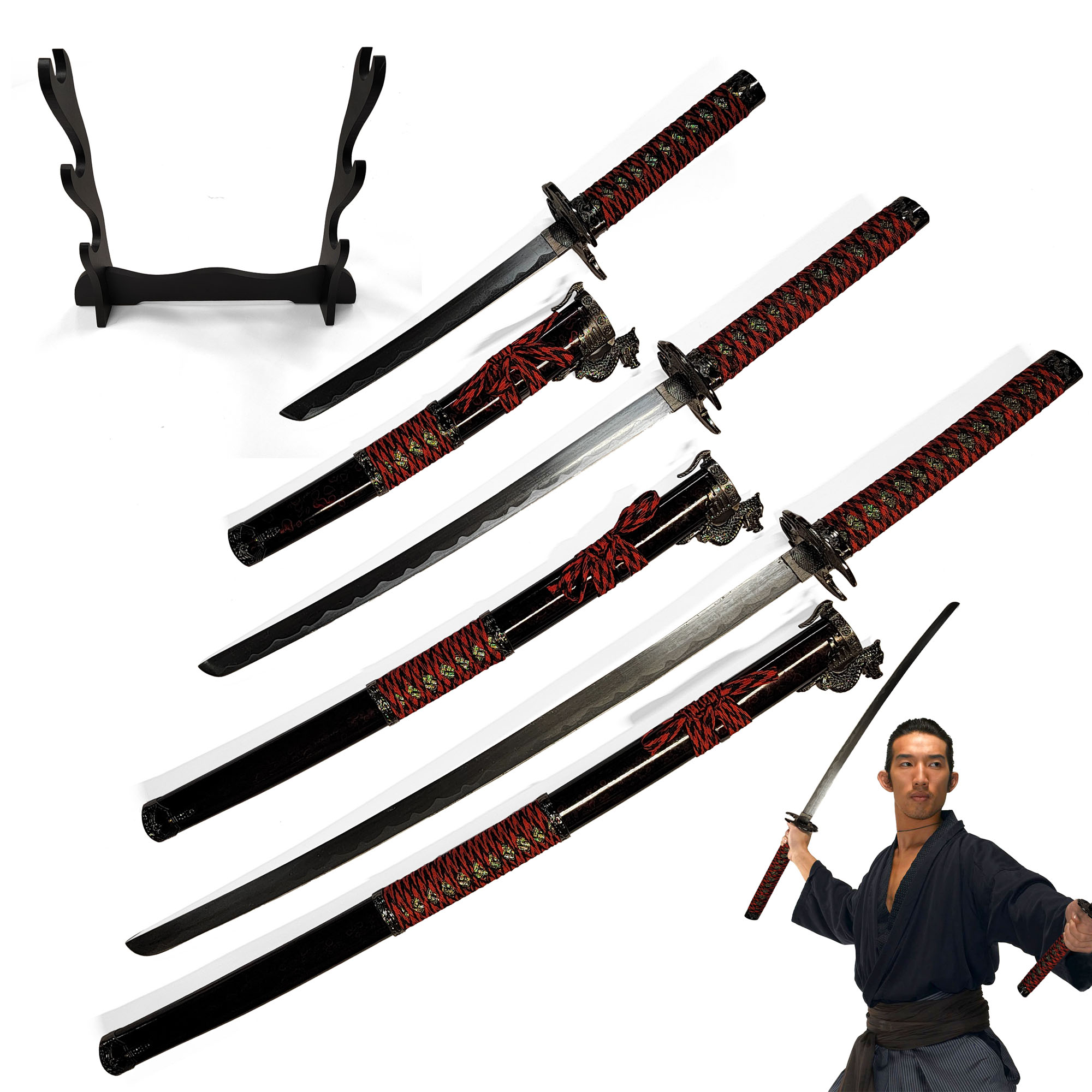 Samurai Schwert 3er Set mit Ständer - Drache (Katana, Wakizashi und Tanto)