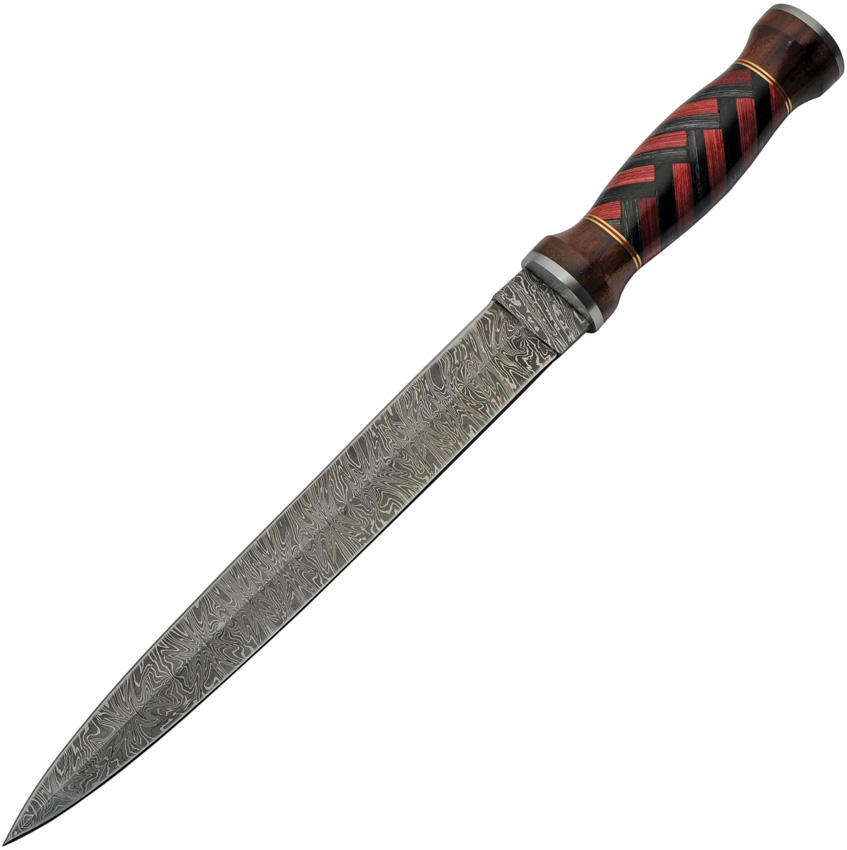 Damascus knife with red / black wooden handle 