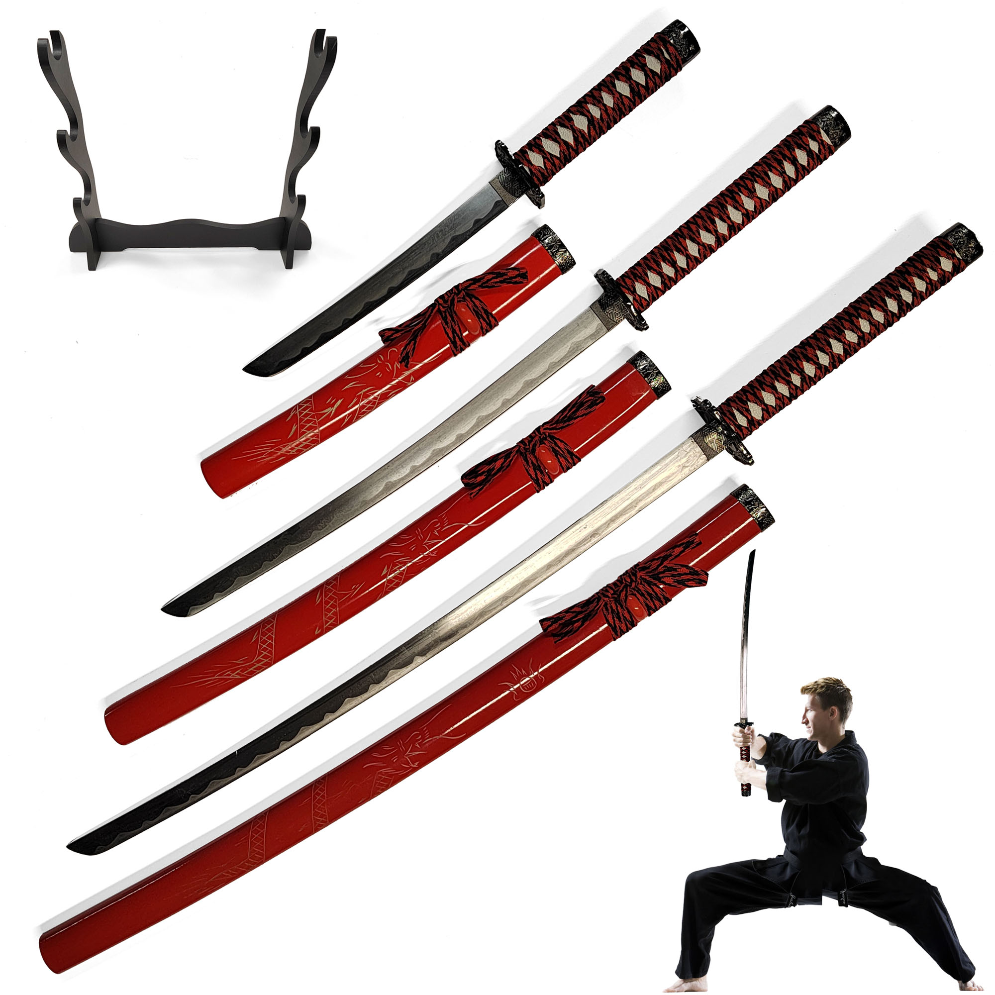 Samurai Schwert 3er Set mit Ständer - Rot (Katana, Wakizashi und Tanto)