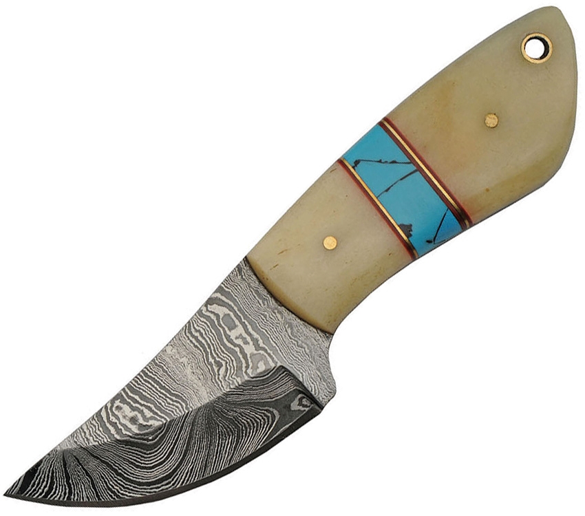 Damast-Messer mit festgestellter Klinge und Knochengriff