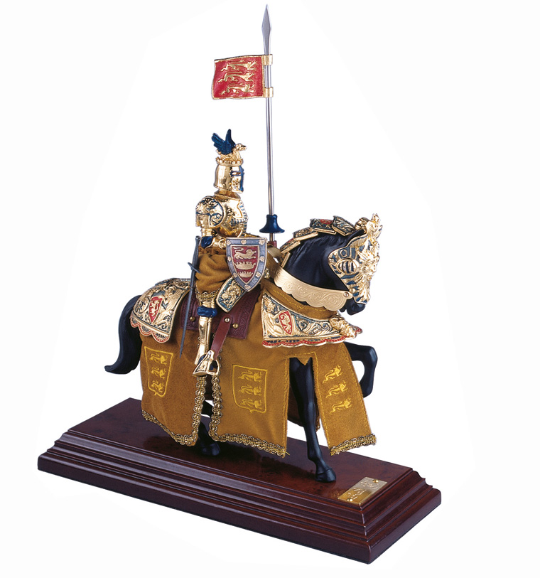 Miniatur Ritter auf Pferd, Drachenhelm, gold