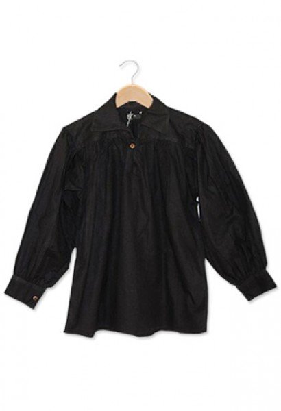 Cotton Shirt, Collared, Button Neck, Black, Size L