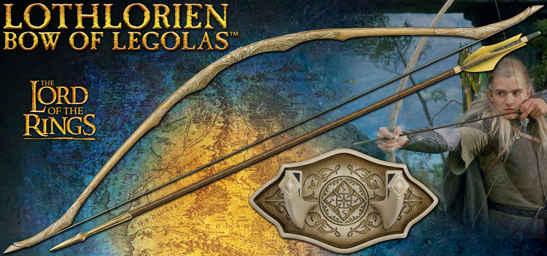 Herr der Ringe - Legolas Lothlorien Bogen mit Pfeil und Wanddisplay