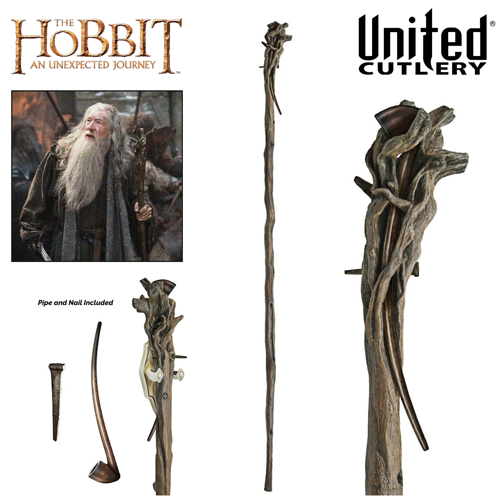 Hobbit Staff of Gandalf Gray with Pipe and Display