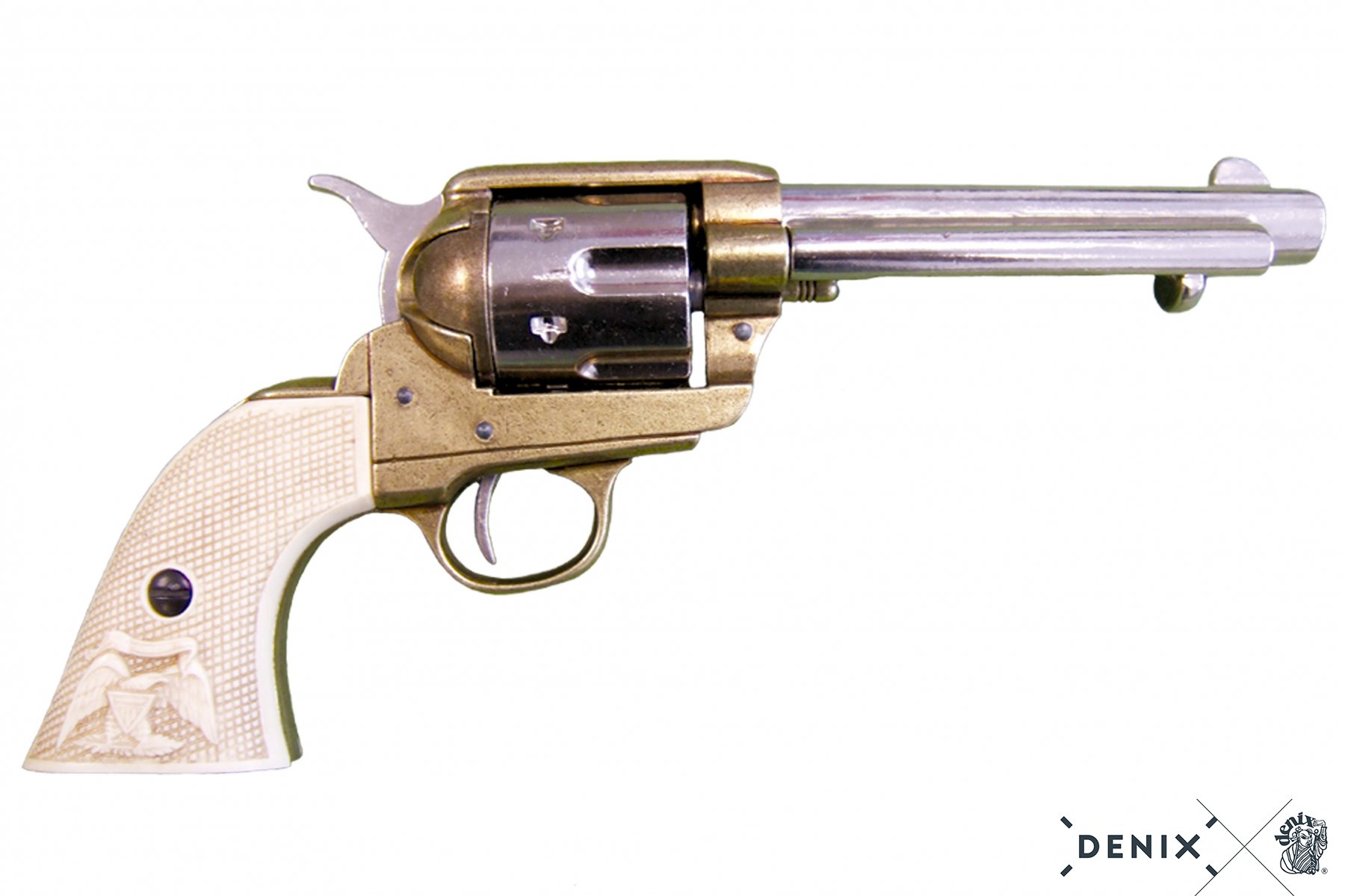 45er Colt, brass colors with white handle
