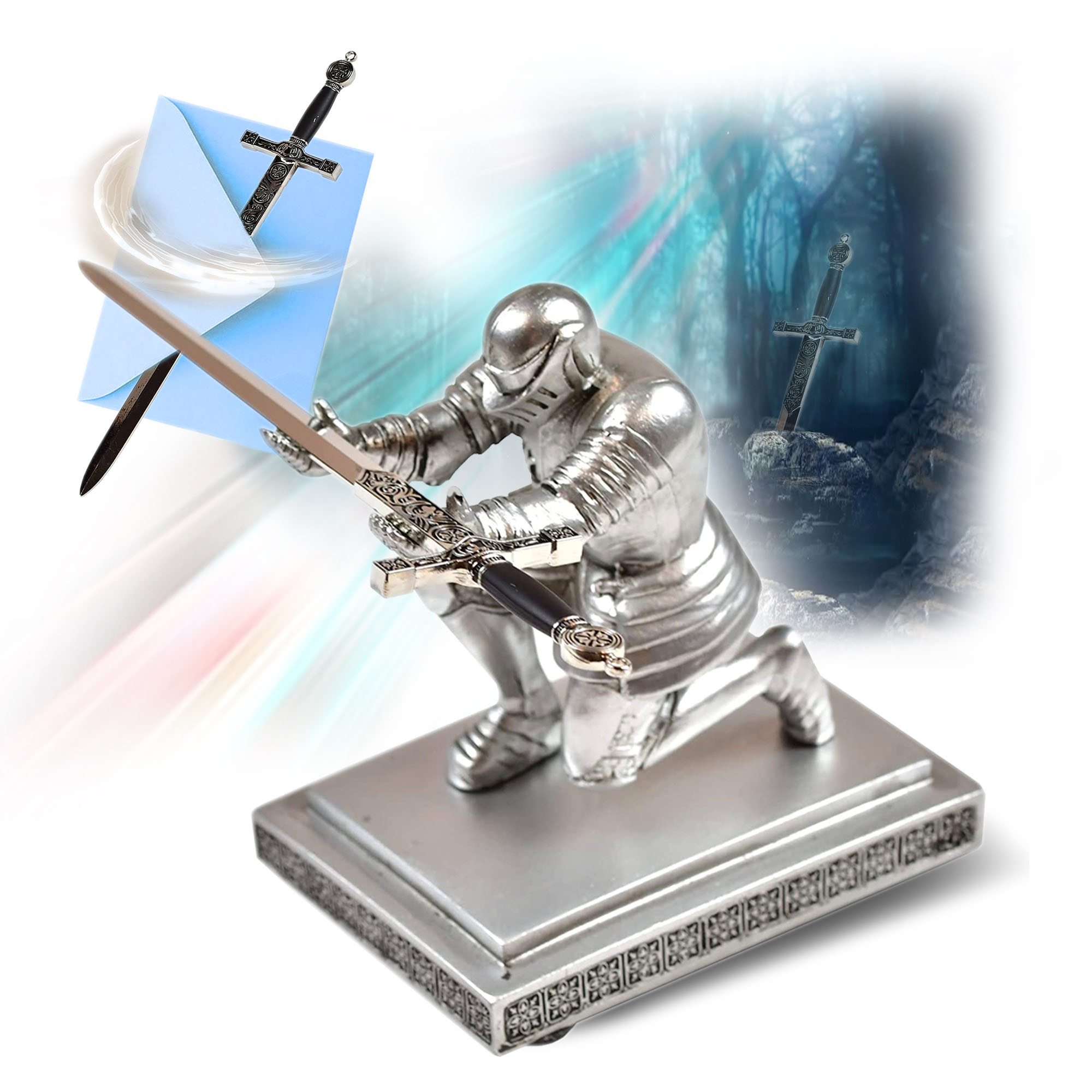 King Arthur's Excalibur sword as a letter opener with a knight's stand