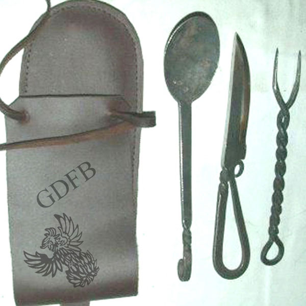 Medieval spoon, knife & fork set with leather case