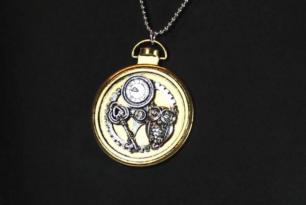 Steampunk Pendant with Necklace - Owl, Clock, Key