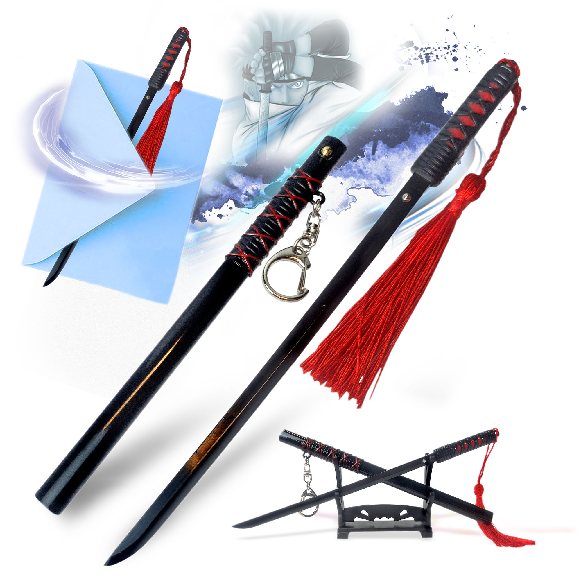 Naruto-Schwert – Kakashis Katana aus der Anbu-Ära, Schwert-Brieföffner mit Scheide und Ständer